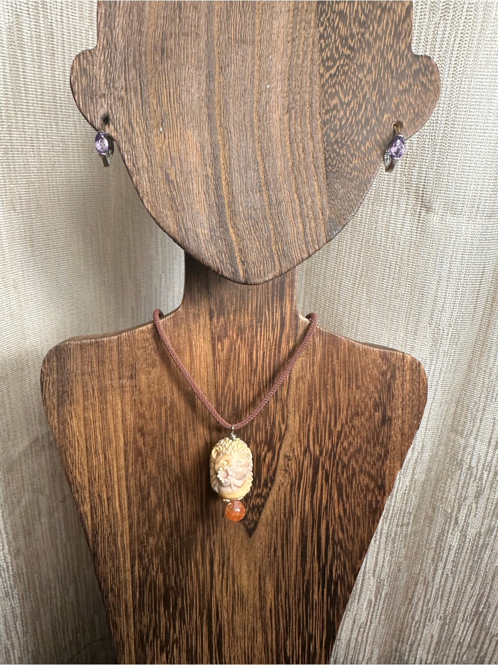 Alashan Agate Hedgehog Charm Pendant Necklace with Sunstone on Brown Rope - Picture 6 of 14